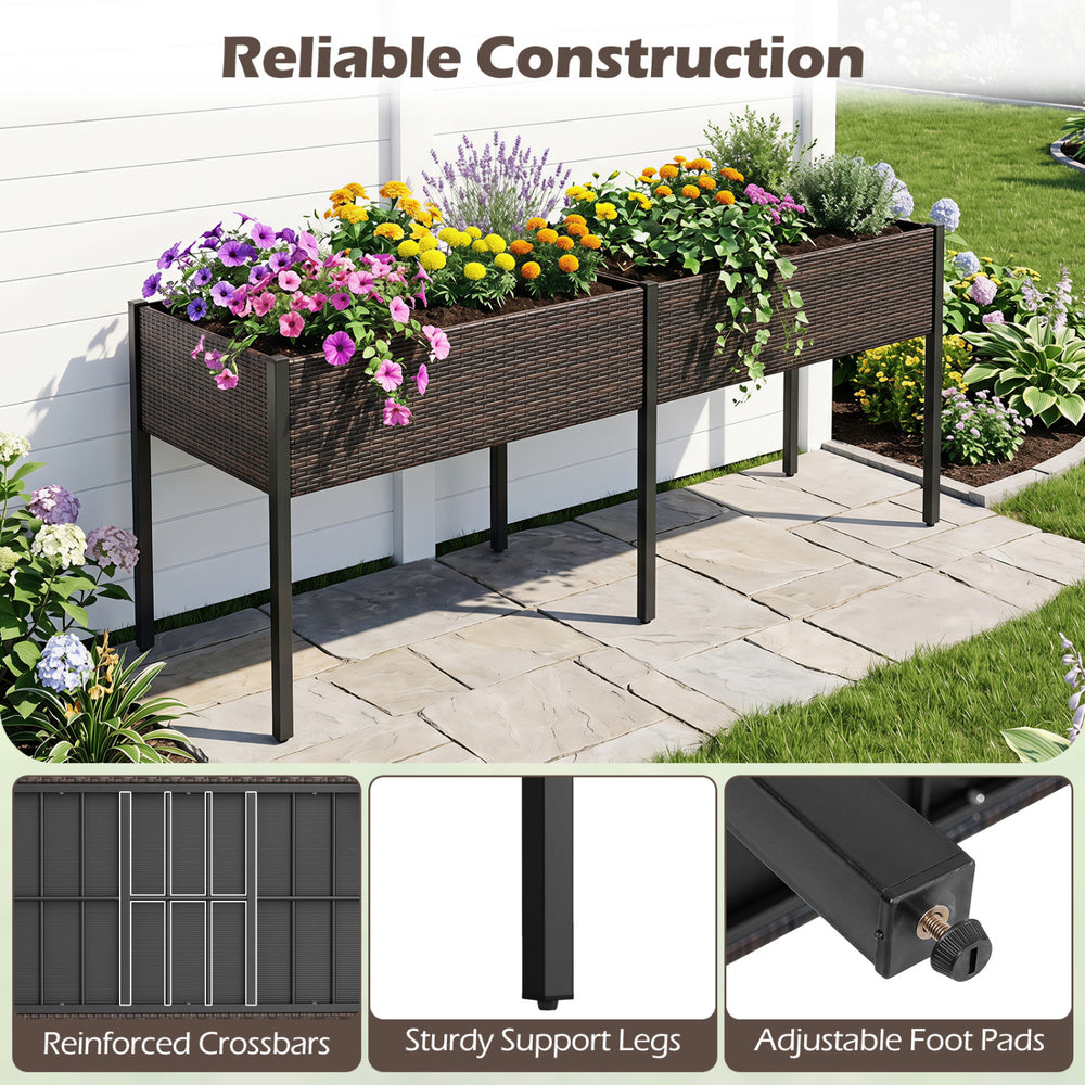 Elevated brown raised garden bed with legs and removable liner, ideal for planting vegetables and herbs on patios or balconies.