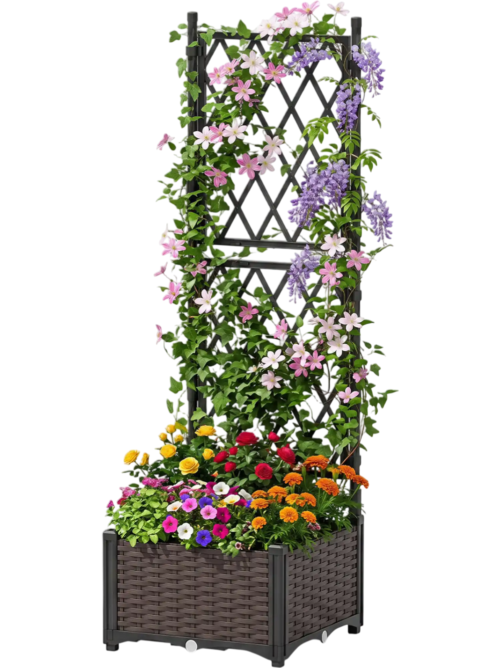 Raised garden bed with lattice trellis in black, featuring self-watering planter boxes for vertical plant growth.