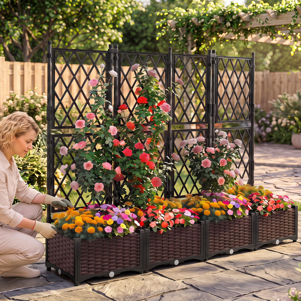 Vertical planter box with lattice trellis for climbing plants, featuring a self-watering design and elegant black finish.