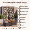 Raised garden bed with lattice trellis in black, featuring self-watering planter boxes for flowers and climbing plants.