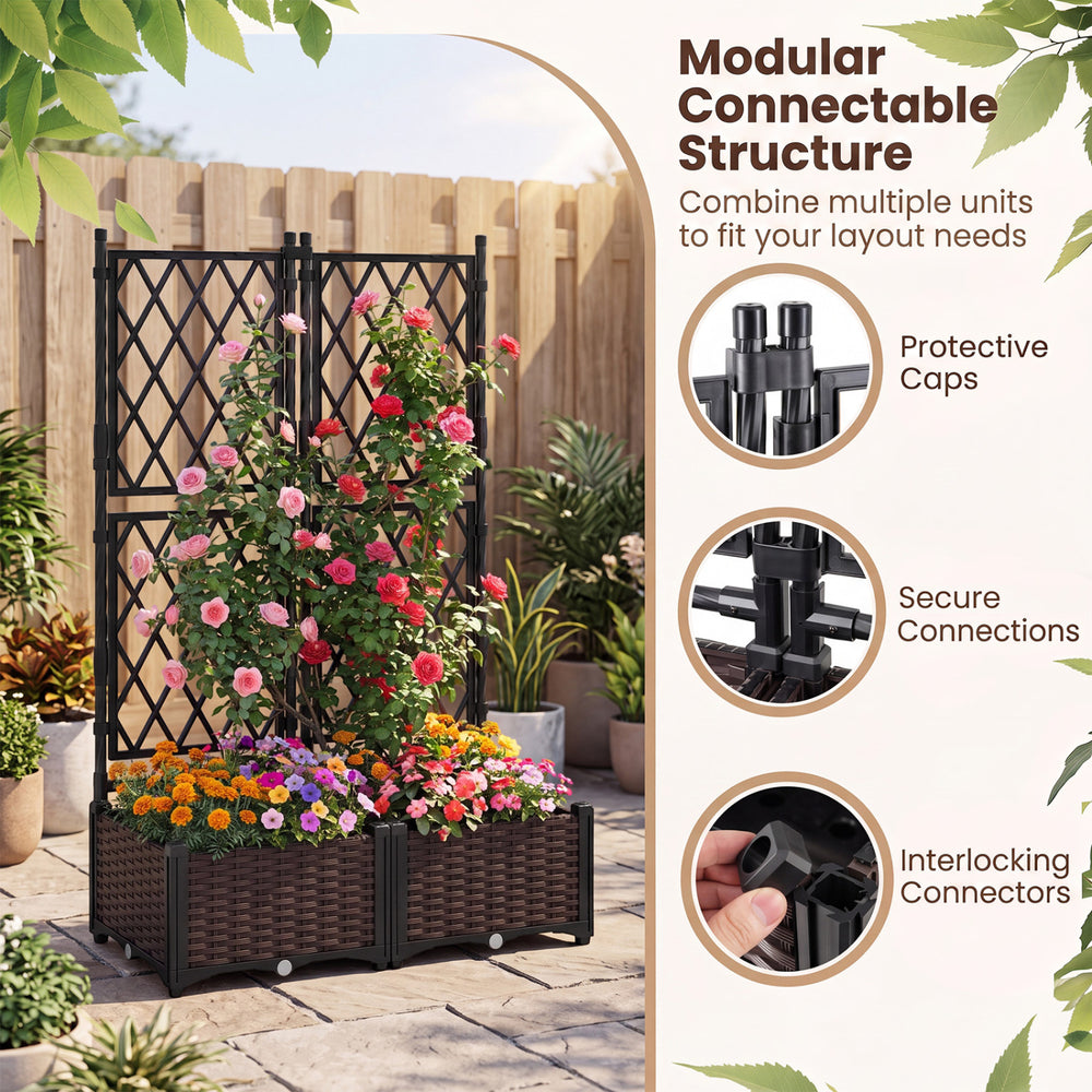 Raised garden bed with lattice trellis in black, featuring self-watering planters for versatile outdoor planting.