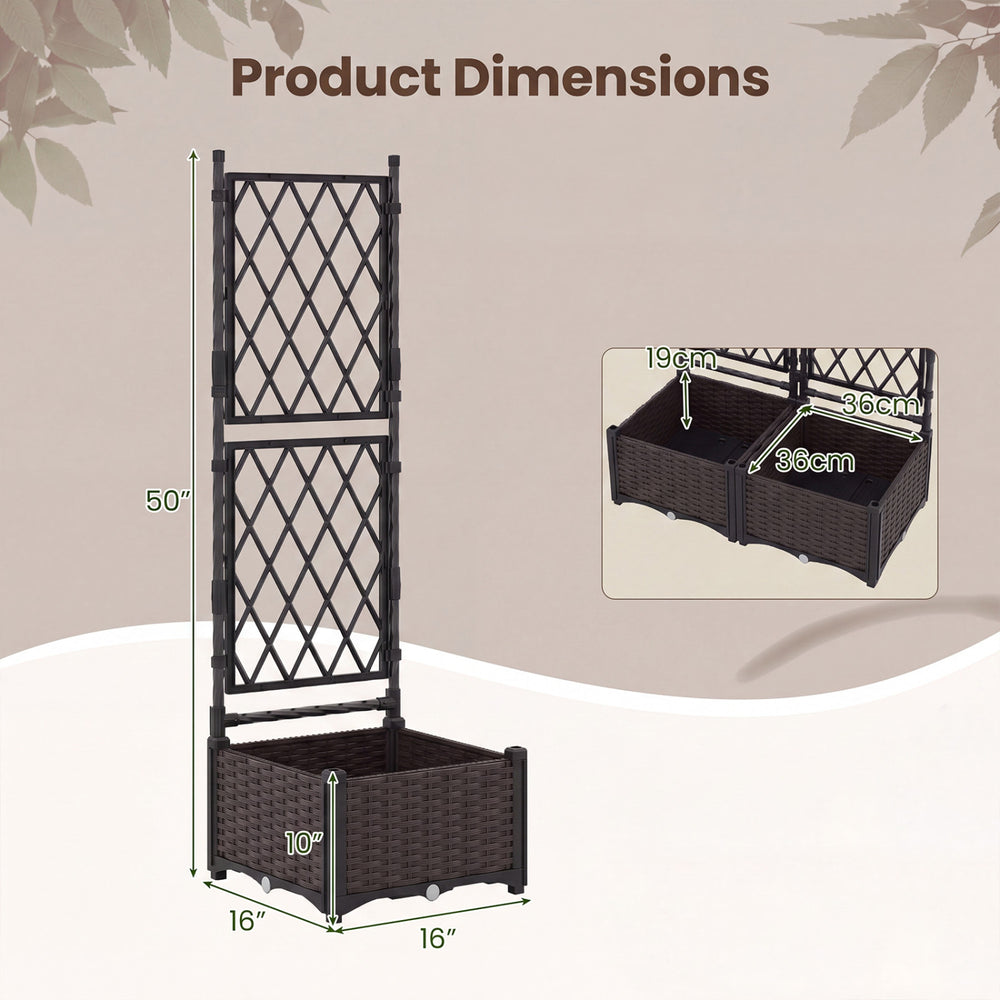 Raised garden bed with lattice trellis, featuring two planter boxes and self-watering reservoir for efficient planting.