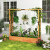 Wooden raised garden bed with trellis and hanging roof, featuring vibrant plants and flowers for a charming outdoor.