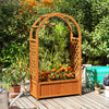 Wooden raised garden bed with lattice trellis and arched roof, ideal for climbing plants and flowers in a garden.