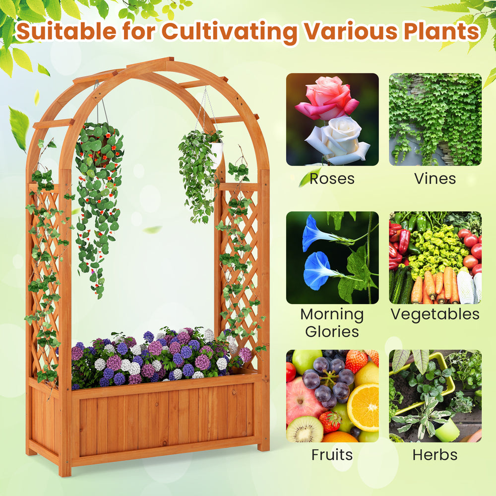 Wooden raised garden bed with lattice trellis and arched roof, ideal for cultivating climbing plants and flowers.