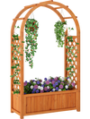 Wooden raised garden bed with lattice trellis and arched roof, ideal for climbing plants and decorative hanging items.