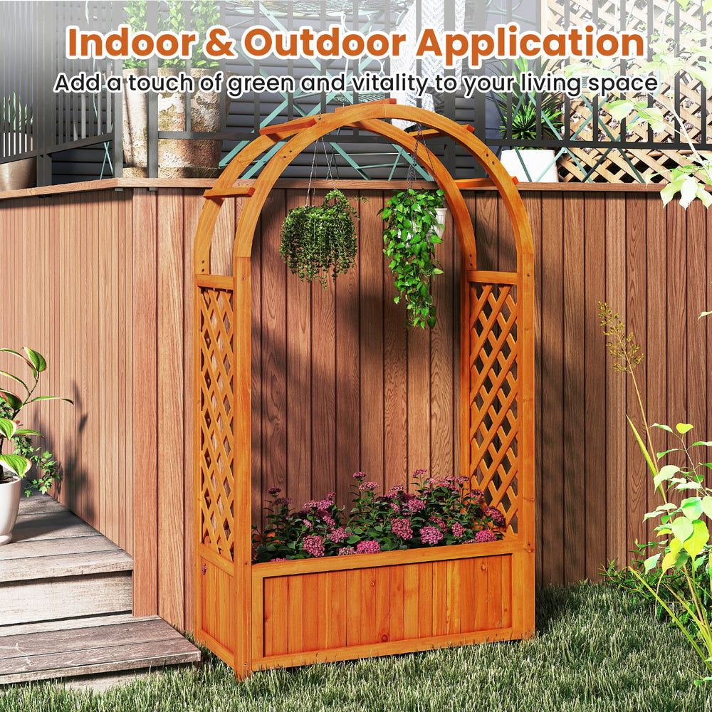 Wooden raised garden bed with lattice trellis and arched roof, ideal for climbing plants and outdoor decoration.