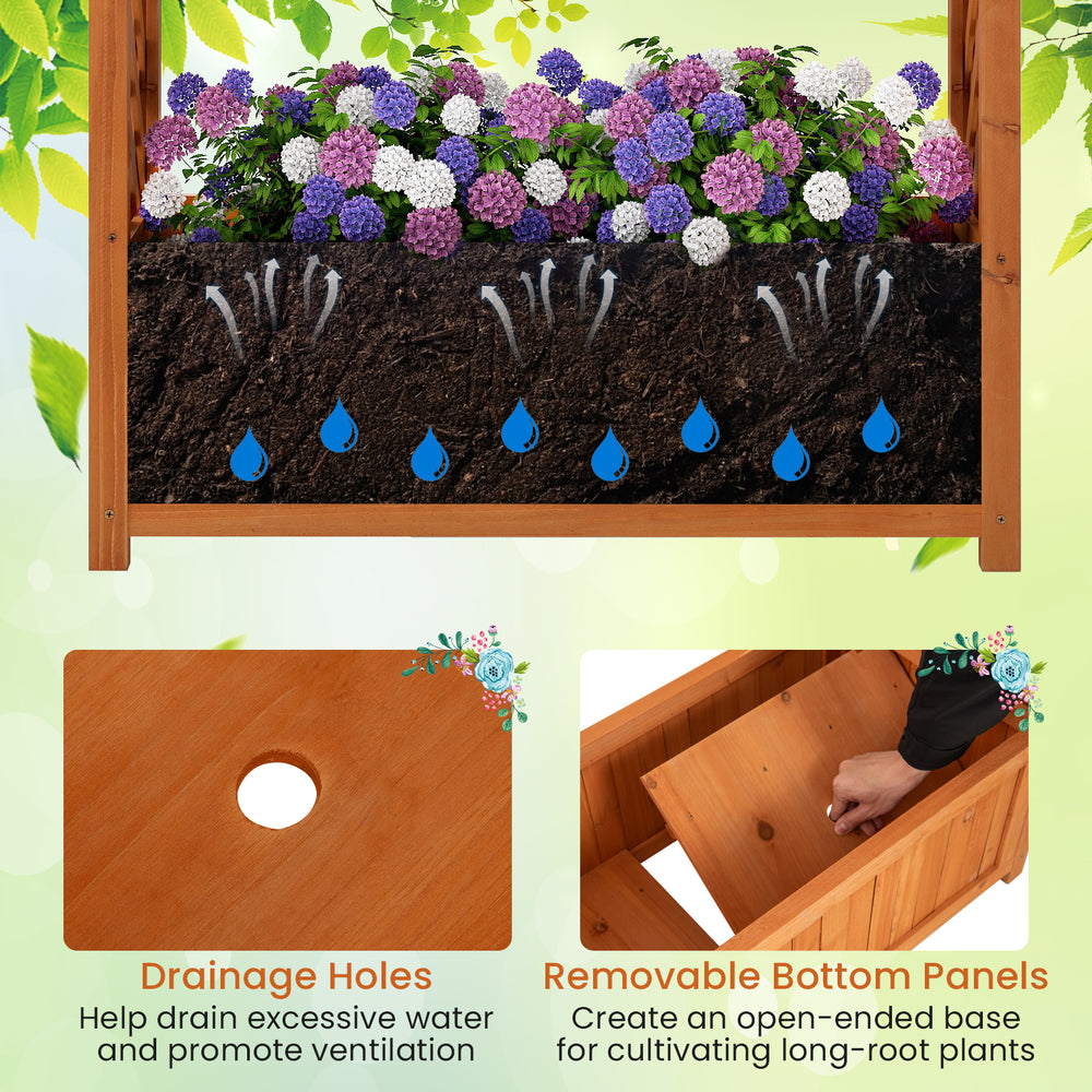 Raised garden bed with arched roof and trellis, crafted from fir wood, featuring drainage holes for healthy plant.