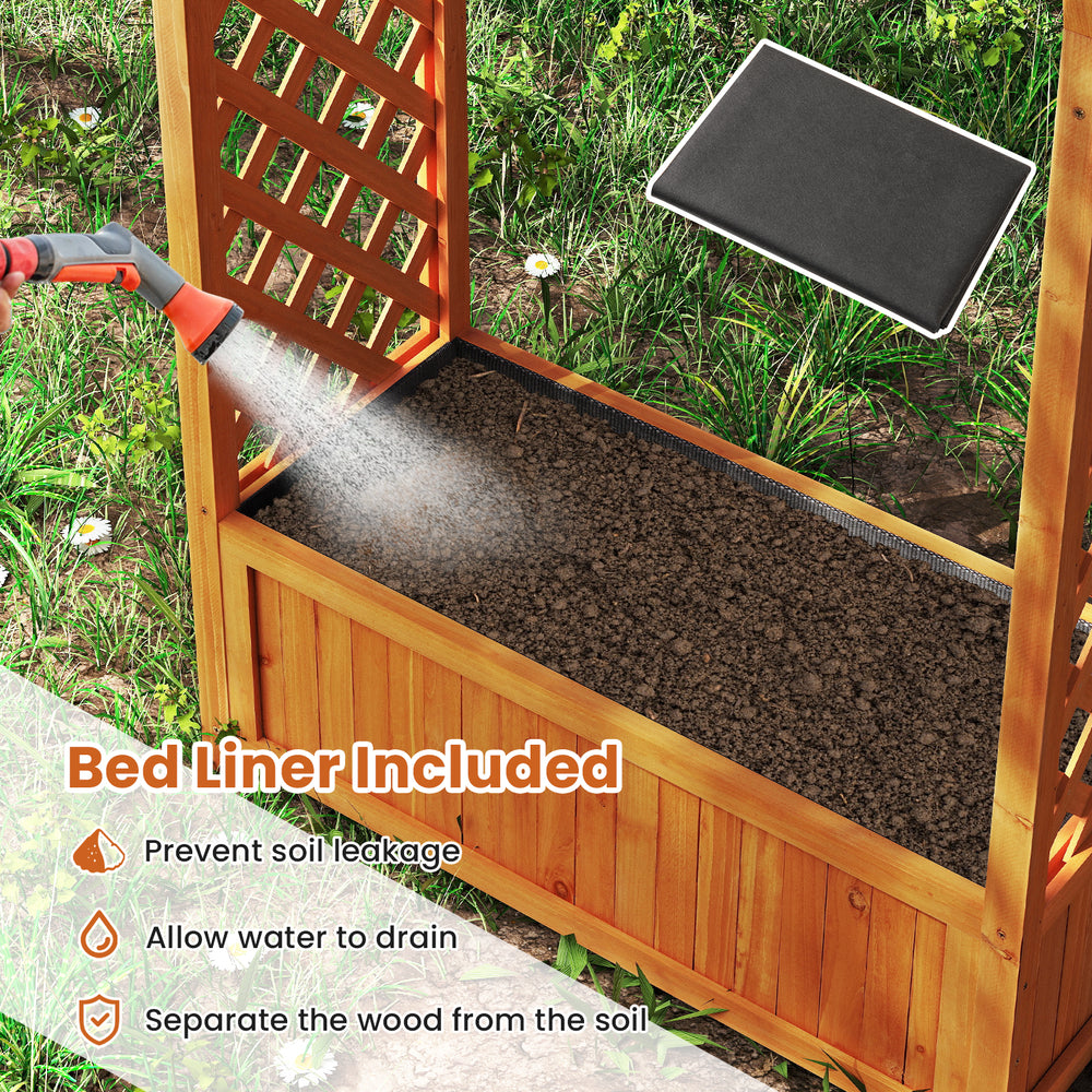Raised garden bed with lattice trellis and arched roof, made of fir wood, includes a liner for soil separation and.