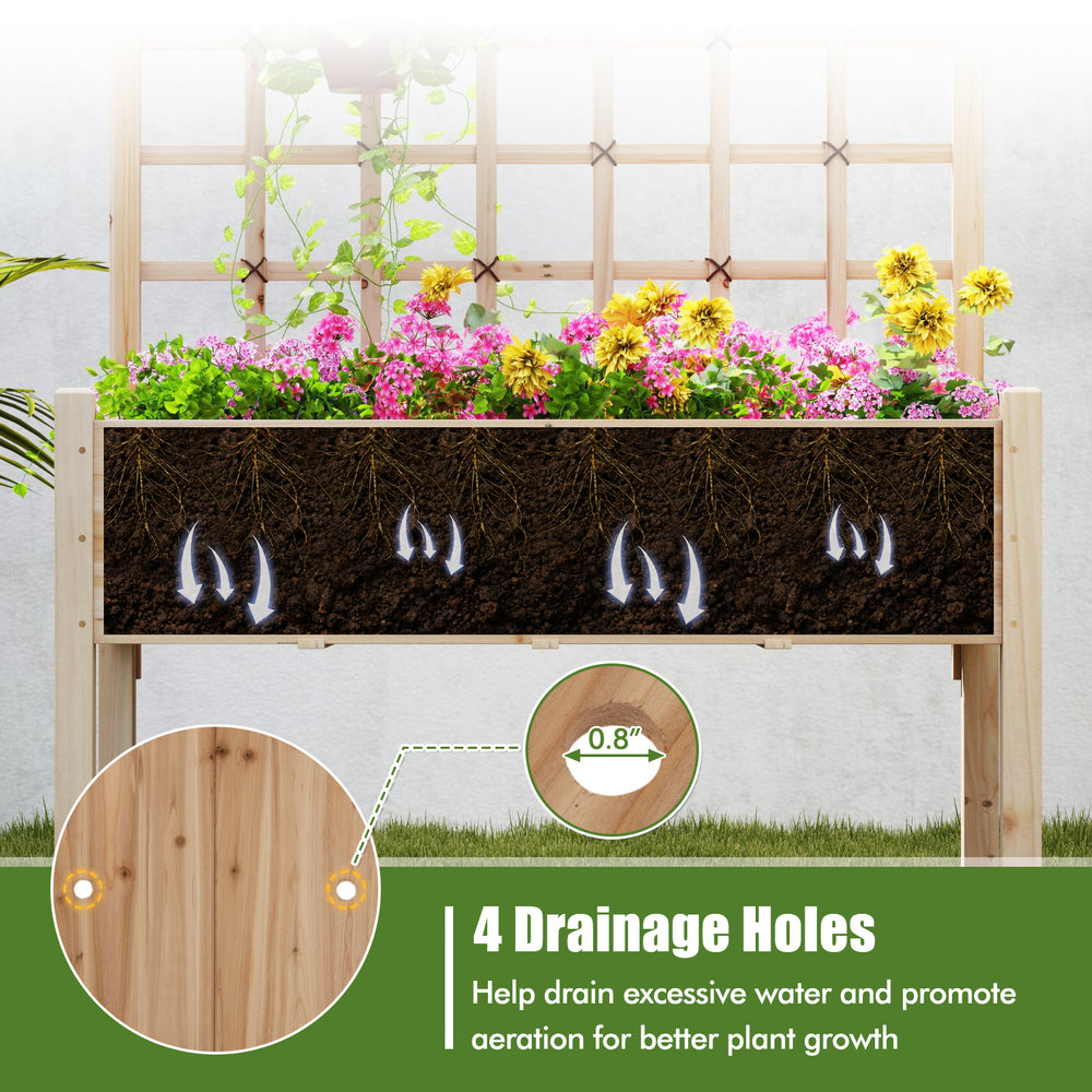 Raised garden bed with lattice trellis and drainage holes, made of fir wood, ideal for vibrant flowers and vegetables.