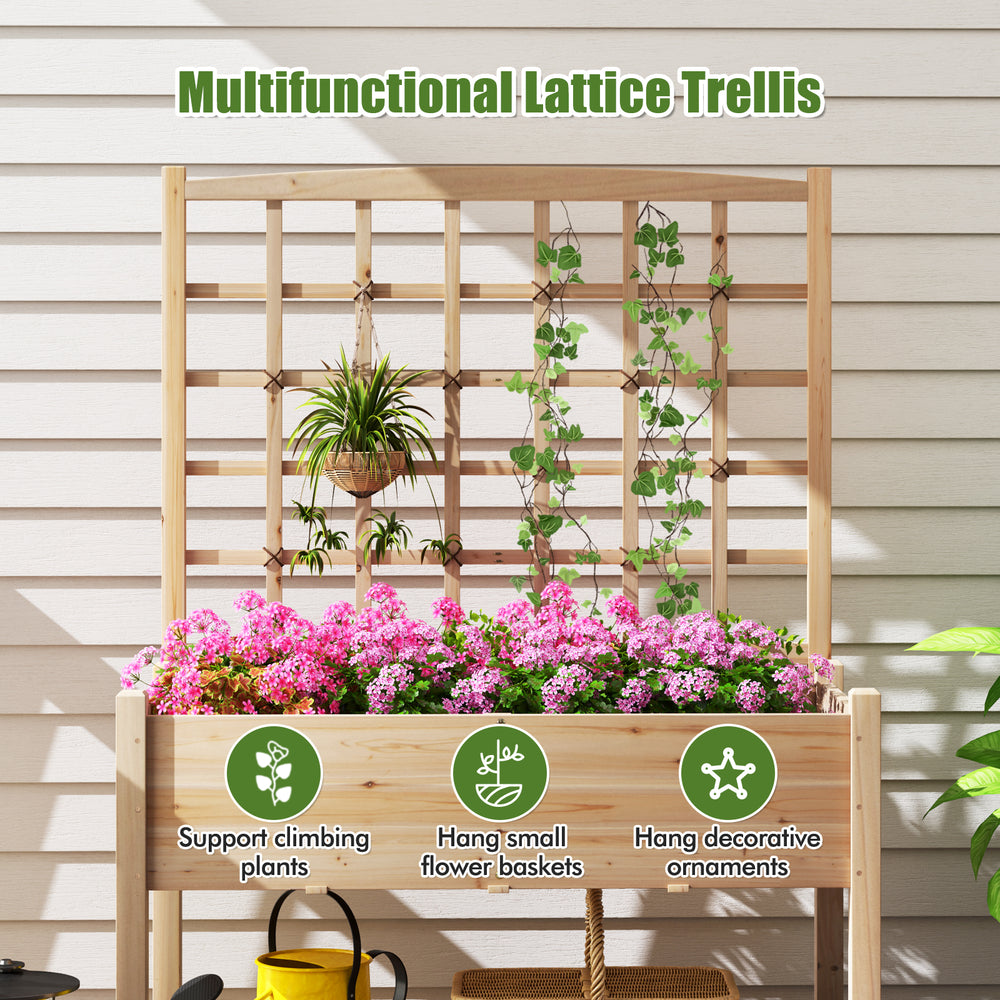 Raised garden bed with lattice trellis, made of fir wood, ideal for climbing plants and vibrant flowers, for outdoor.