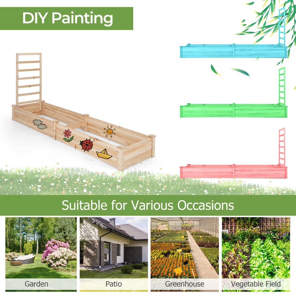 Raised garden bed with trellis in natural fir wood, ideal for diverse plants and DIY painting for garden or patio use.