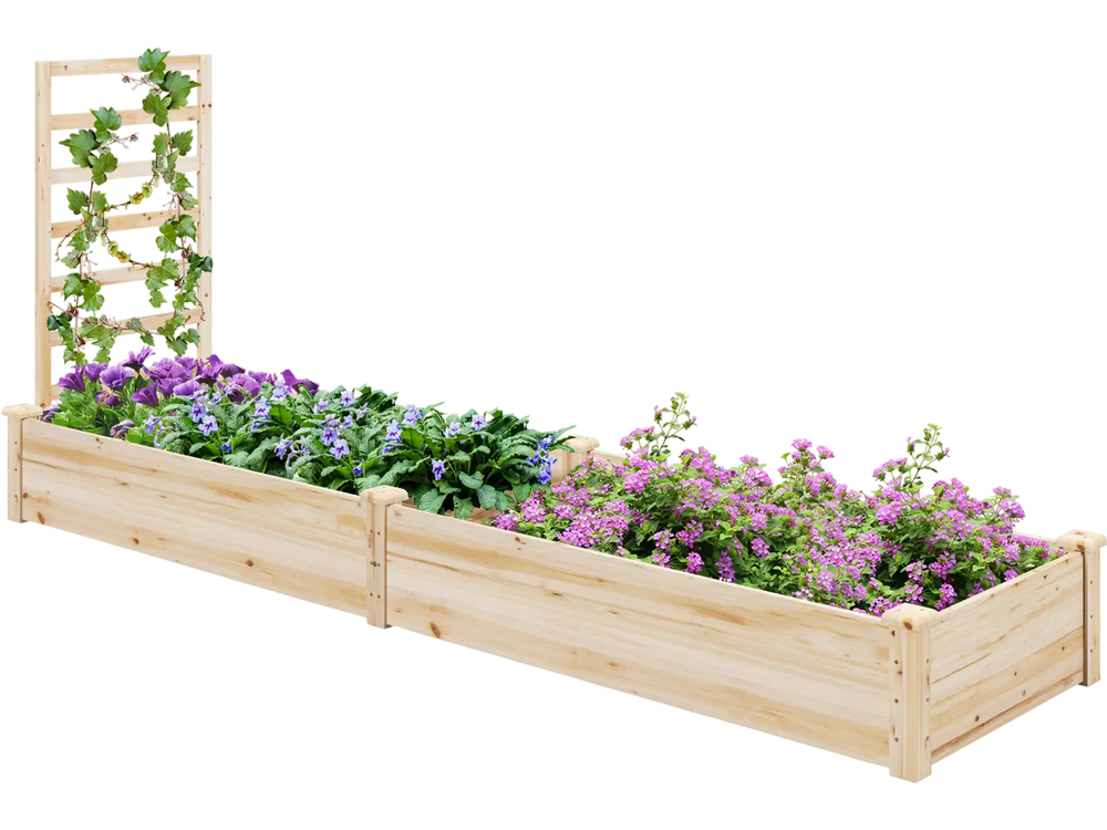 Raised garden bed with trellis in natural fir wood, featuring two compartments for diverse plant growth and easy.