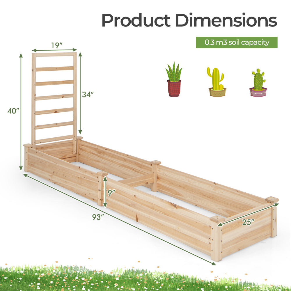 Raised garden bed with trellis, made of natural fir wood, featuring 2 compartments for diverse plant growth, 0.3 m³.