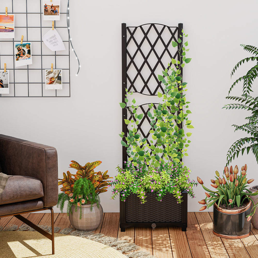 Raised garden bed with trellis planter box in brown, ideal for climbing plants and enhancing garden aesthetics.