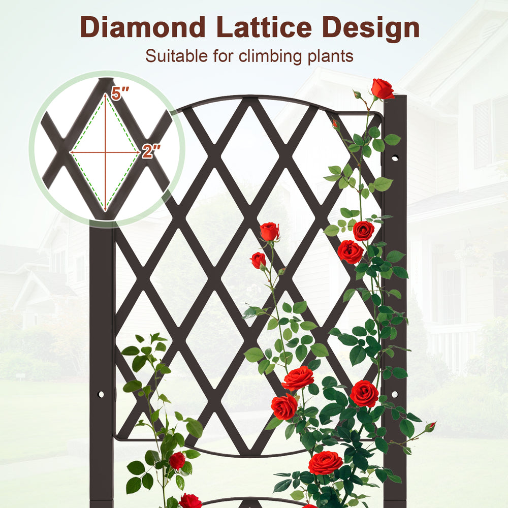 Diamond lattice trellis design of a brown raised garden bed, ideal for climbing plants and enhancing garden aesthetics.