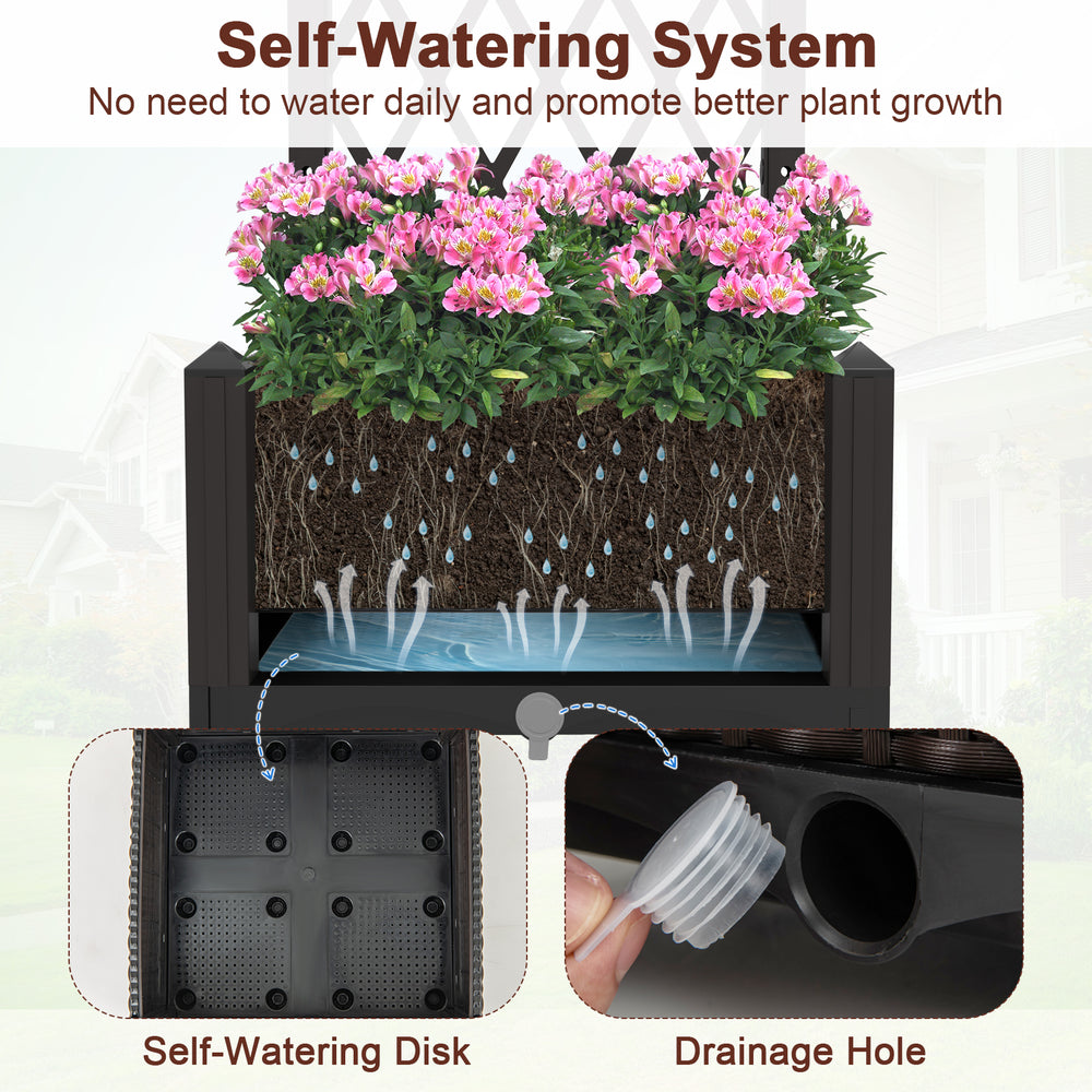 Self-watering raised garden bed with trellis, designed for climbing plants, made of durable brown PP material.