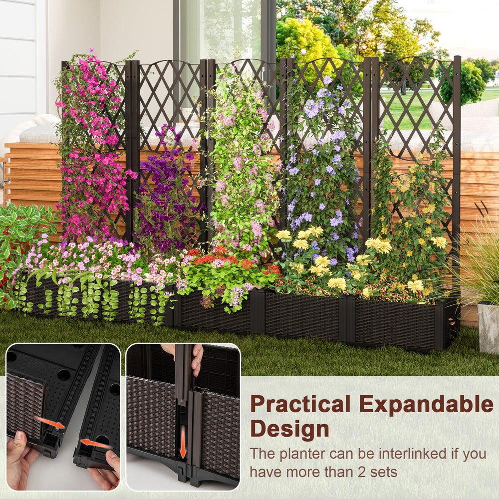 Raised garden bed with trellis in brown, designed for climbing plants, featuring a self-watering system for optimal.