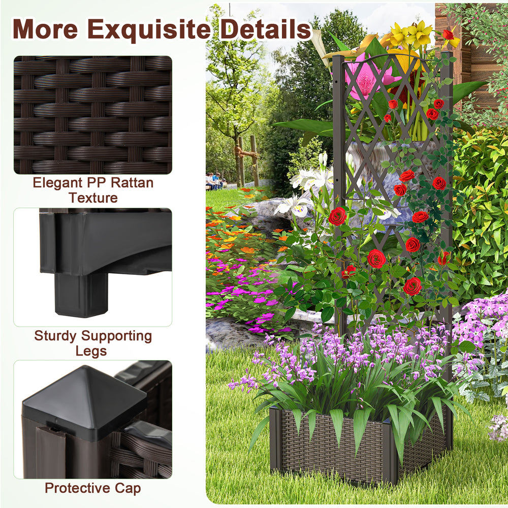 Raised garden bed with trellis in brown, featuring elegant rattan texture and sturdy legs for climbing plants.