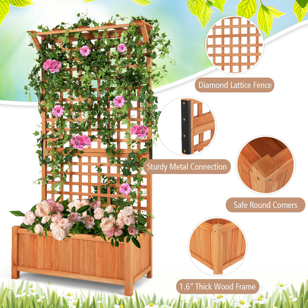 Raised garden bed with trellis, crafted from natural fir wood, featuring diamond lattice and sturdy metal connections.