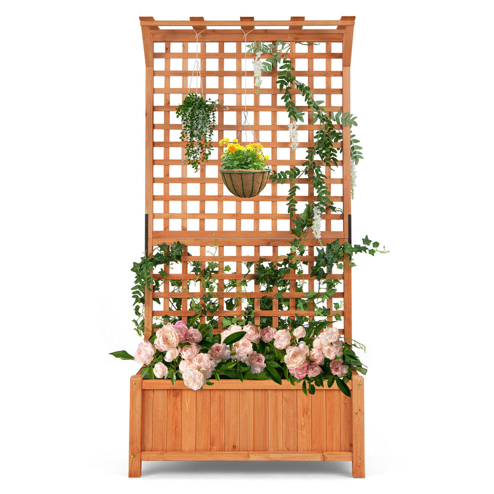 Raised garden bed with trellis, crafted from natural fir wood, ideal for climbing plants and decorative hanging baskets.