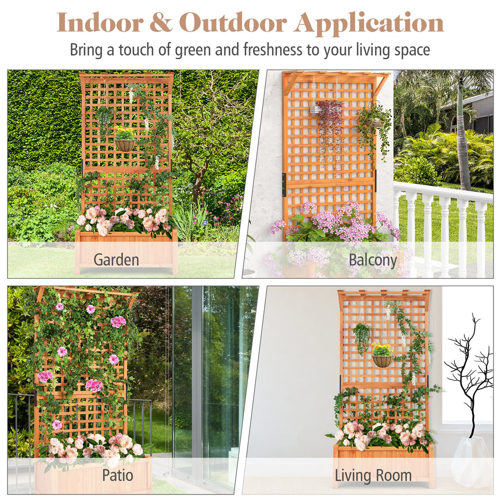 Raised garden bed with trellis and hanging roof in natural fir wood, ideal for growing climbing plants and flowers.