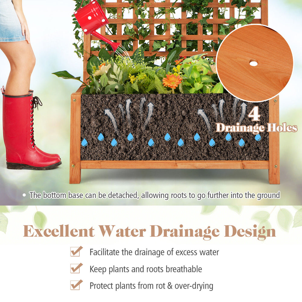 Raised garden bed with trellis, featuring 4 drainage holes for optimal water drainage and plant health.
