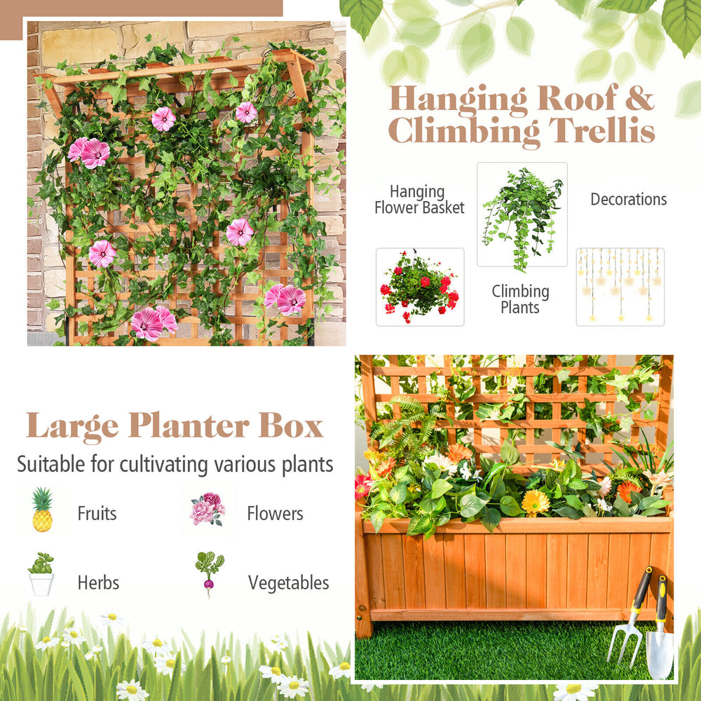 Raised garden bed with trellis and hanging roof, made of natural fir wood, ideal for climbing plants and decorations.