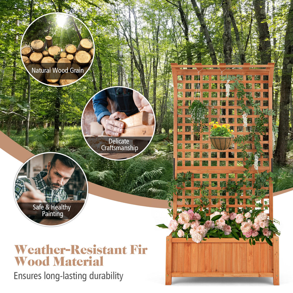 Raised garden bed with trellis and hanging roof, crafted from weather-resistant fir wood for durable outdoor use.