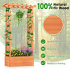 Raised garden bed made of natural fir wood with side trellis and hanging roof, perfect for climbing plants and flowers.
