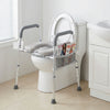 Raised toilet seat with handles and padded arms in silver, designed for seniors, featuring adjustable height and.