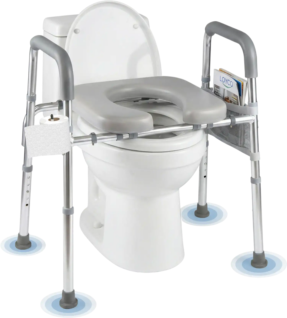 Raised toilet seat with handles and padded arms, adjustable height for seniors, ideal for enhanced comfort and.