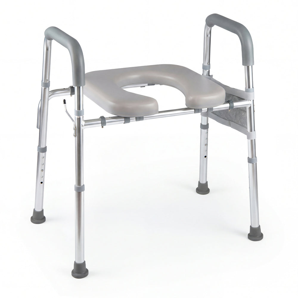 Raised toilet seat with handles and padded arms, adjustable height, waterproof cover, ideal for seniors and limited.