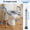 Raised toilet seat with handles and padded arms, adjustable height for users 4'11"-6'1", ideal for seniors and limited.