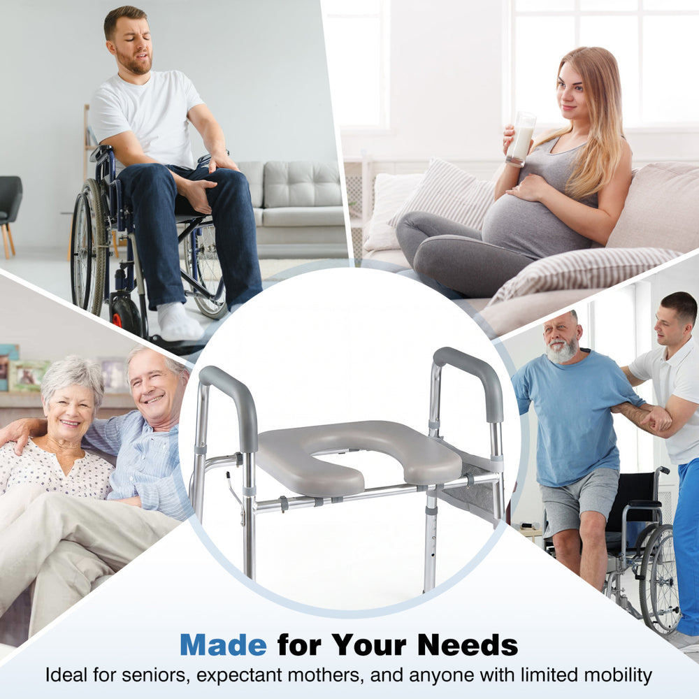 Raised toilet seat with handles and padded arms, adjustable height for seniors and limited mobility, ideal for comfort.
