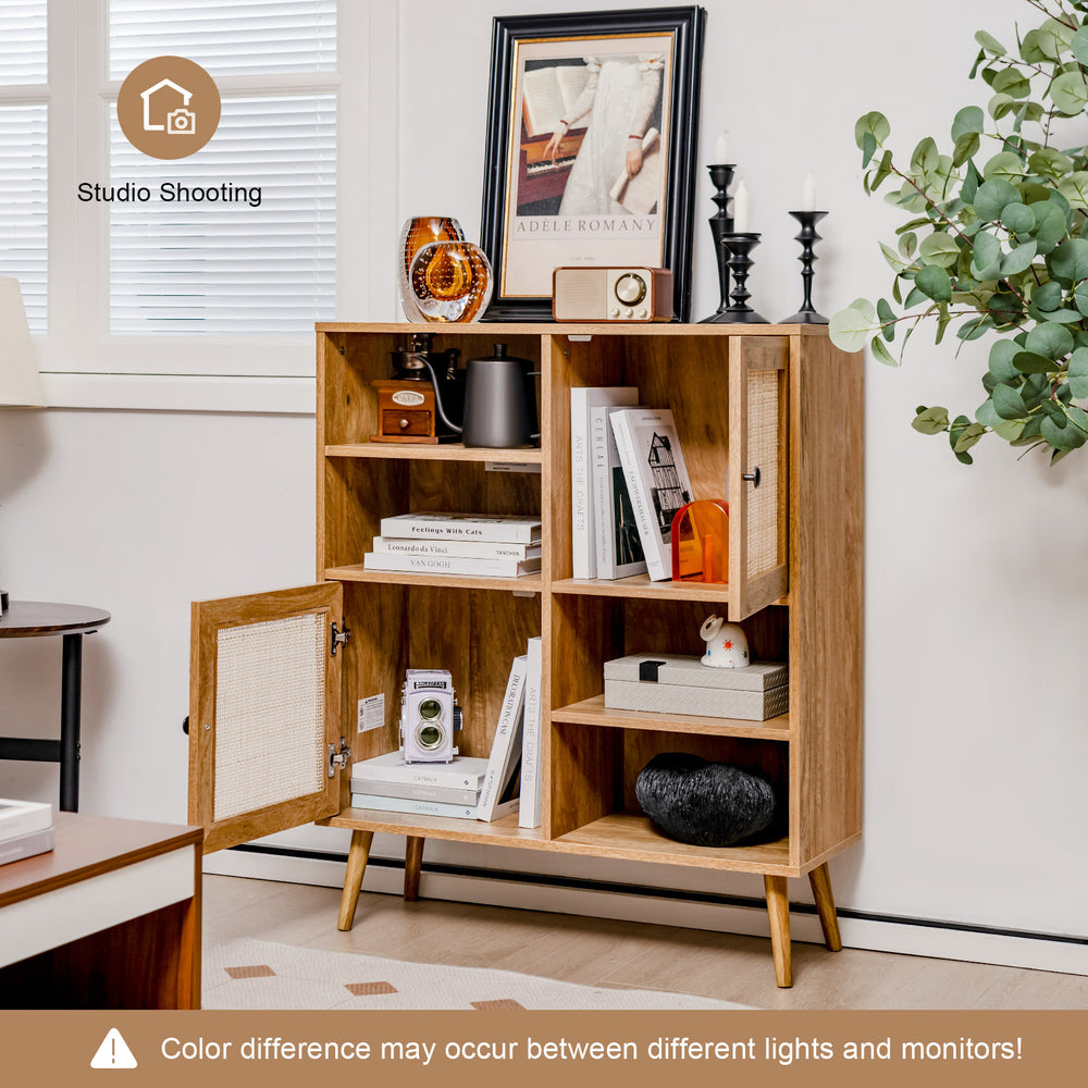 Rattan buffet cabinet in natural finish featuring 2 doors and 4 open cubbies for versatile storage in any room.