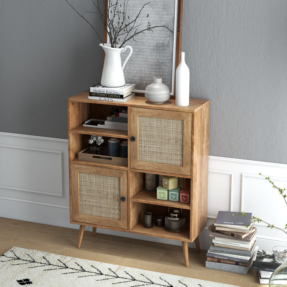 Rattan buffet cabinet with 2 doors and 2 cubbies, featuring natural wood finish and ventilated rattan doors for stylish.