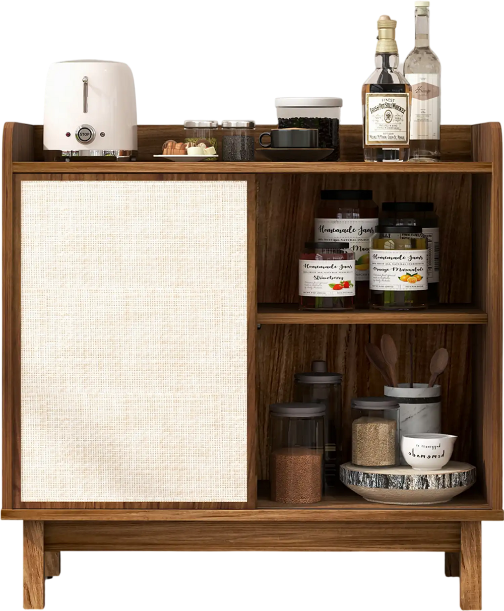 Rattan buffet sideboard in walnut with sliding door and adjustable shelves, perfect for kitchen or dining room storage.