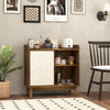Mid-century rattan buffet sideboard in walnut with sliding door and adjustable shelves, perfect for dining or living.