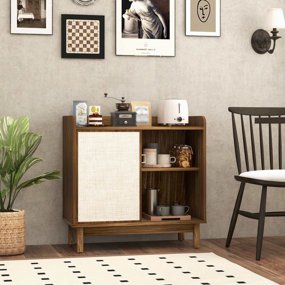Mid-century rattan buffet sideboard in walnut with sliding door and adjustable shelves, perfect for dining or living.