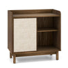 Mid-century rattan buffet sideboard in walnut with sliding door and adjustable shelves for versatile storage.