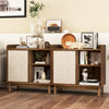 Mid-century rattan buffet sideboard in walnut with sliding doors and adjustable shelves for versatile storage.