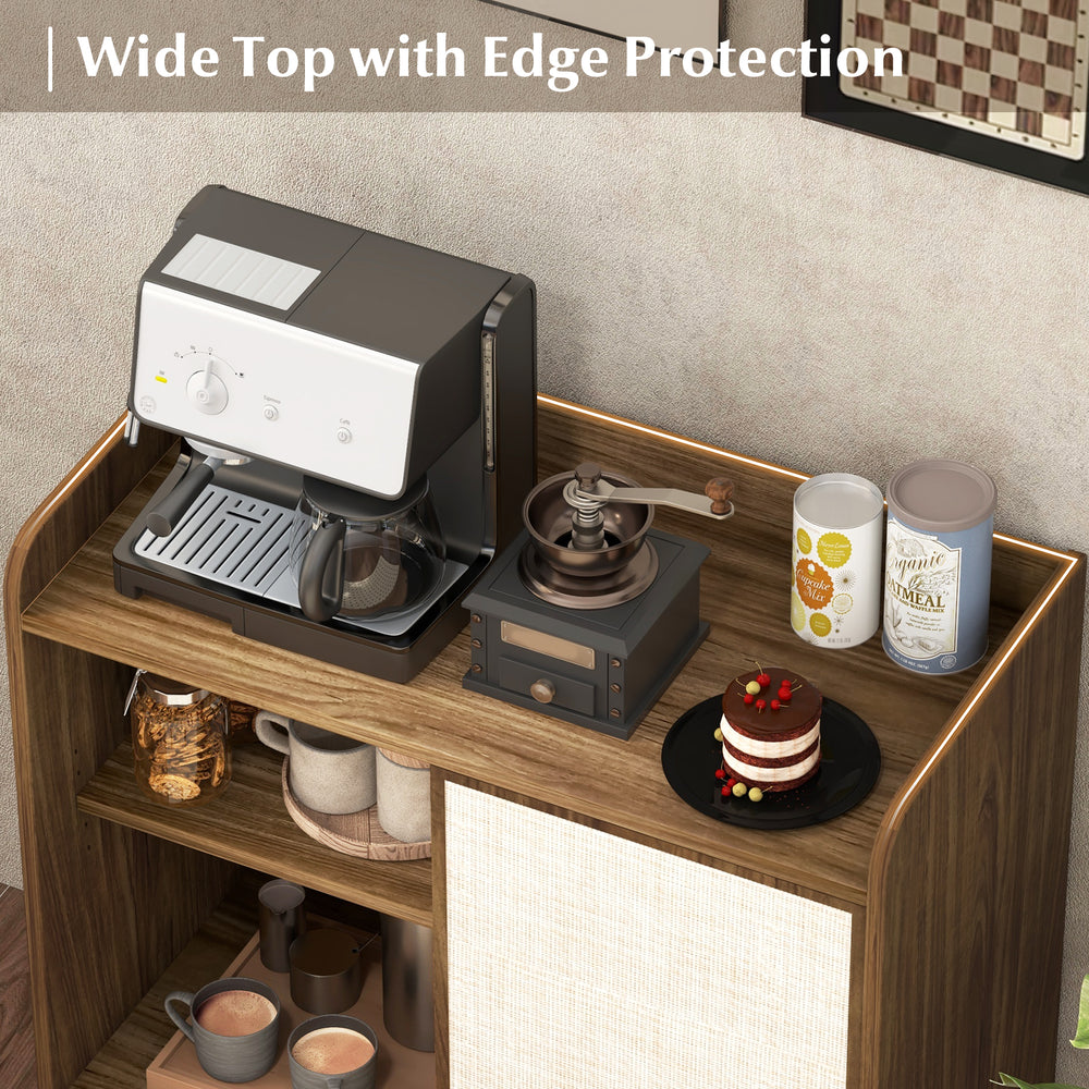 Wide top of the walnut rattan buffet sideboard with edge protection, ideal for placing appliances and decor.