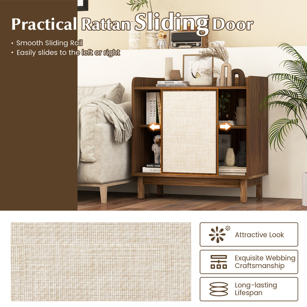 Rattan sliding door of walnut sideboard with adjustable shelves, ideal for dining room or living room storage.