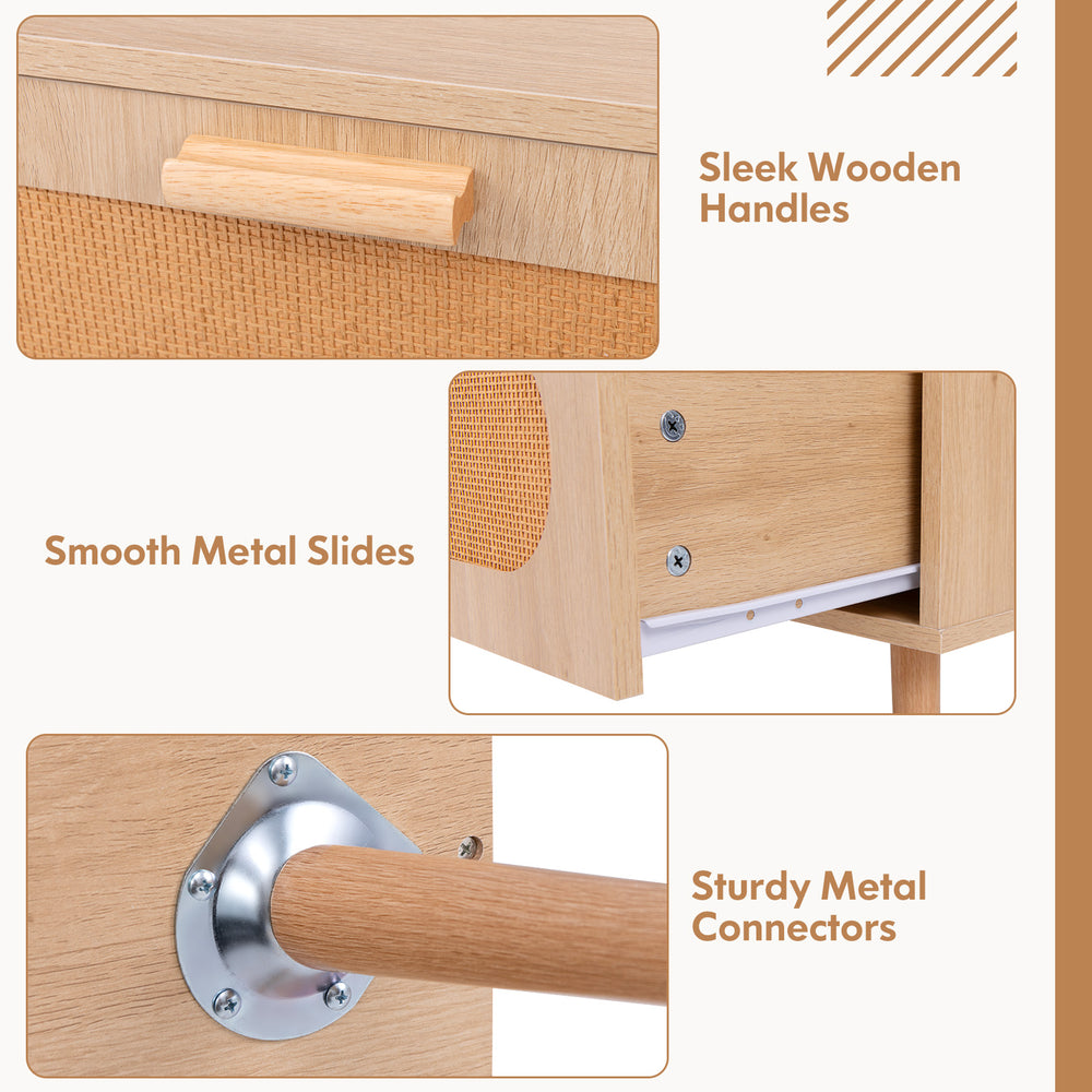 Close-up of the Rattan Coffee Table's sleek wooden handles and smooth metal slides for easy drawer access.