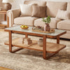 Rattan coffee table with tempered glass top and walnut finish, showcasing a unique woven shelf design for added style.