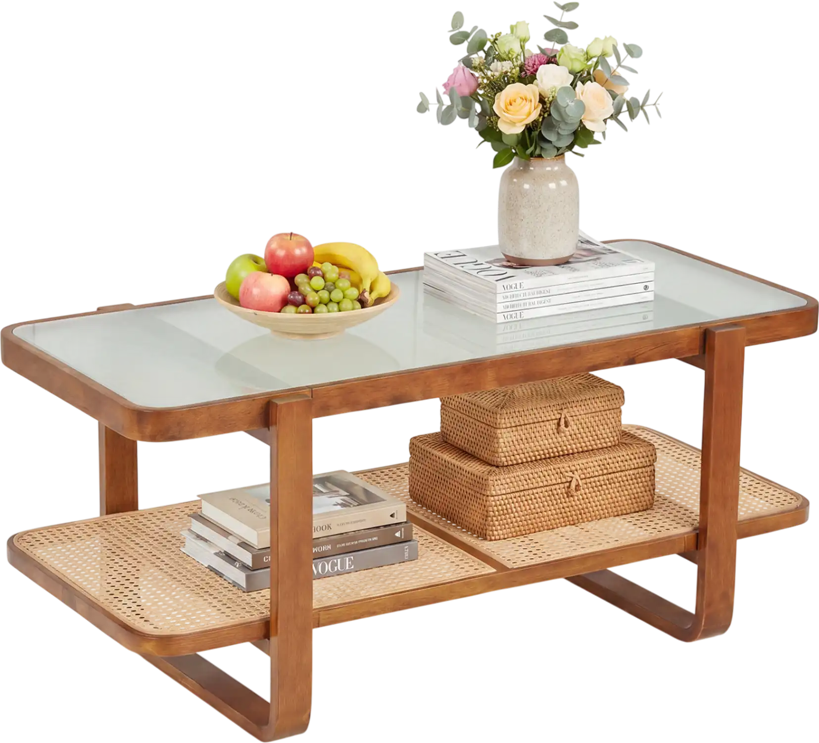 Costway Rattan Coffee Table Tempered Glass Top Storage Shelf 79898588 New