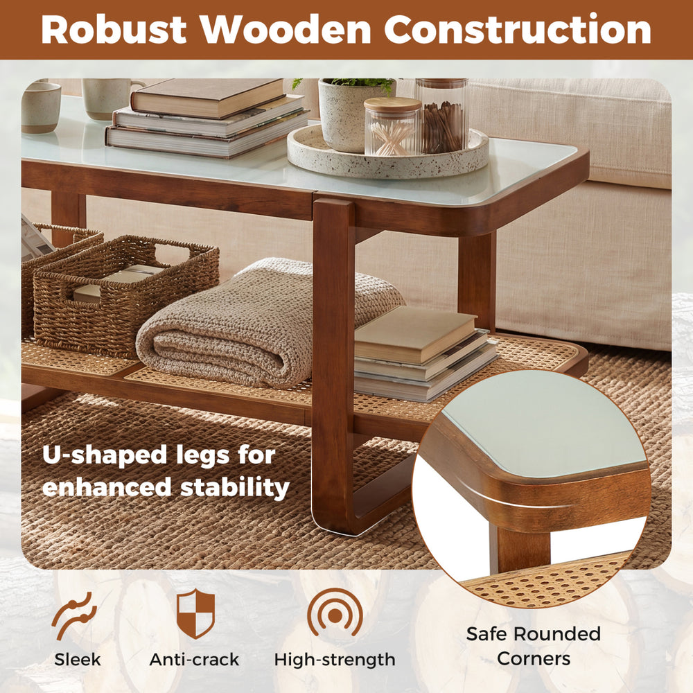 Rattan coffee table with tempered glass top, walnut finish, featuring U-shaped legs and a storage shelf for enhanced.
