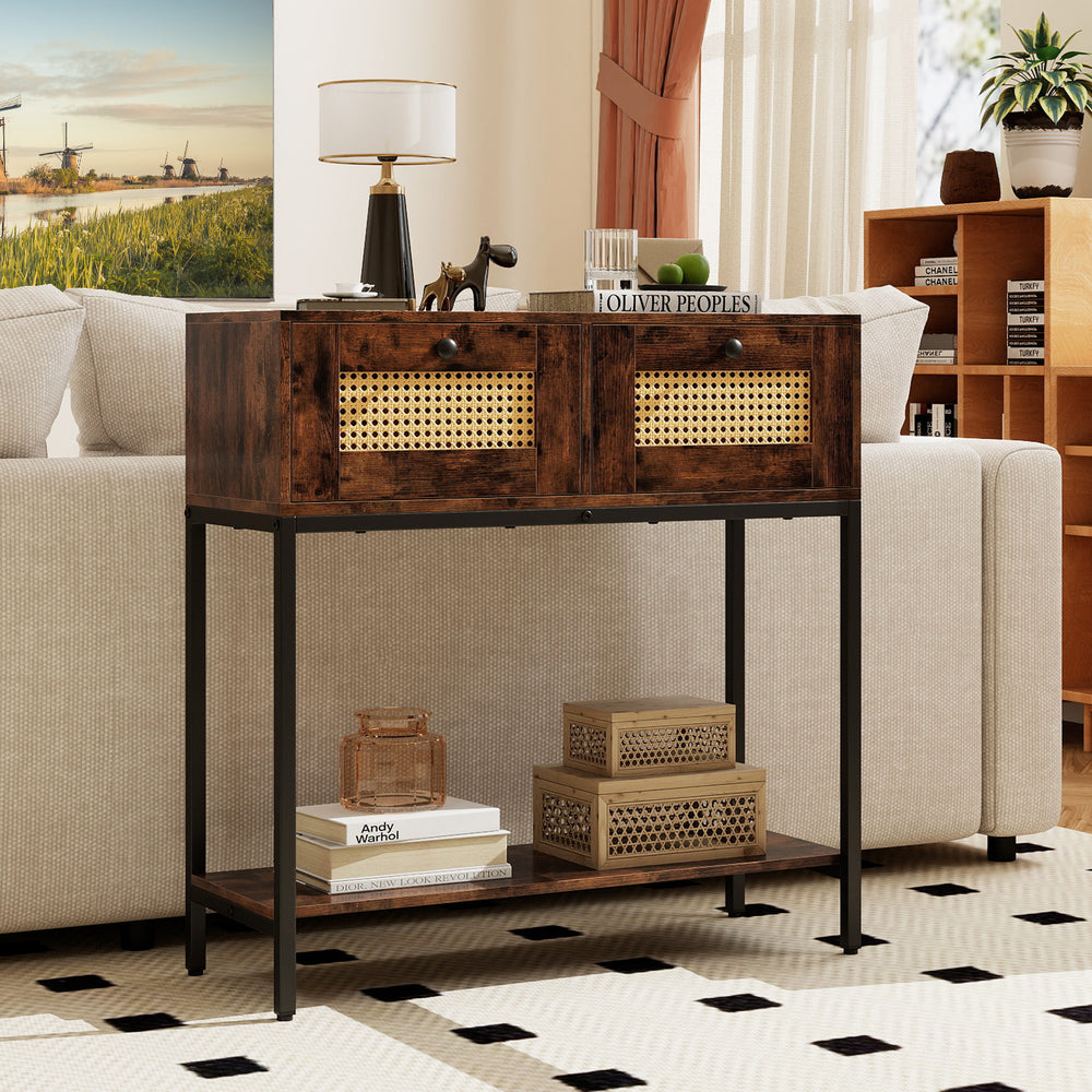 Rattan Console Table Boho Entryway Table with 2 Rattan Drawers and Open Storage Shelf-Rustic Brown - Gallery View 1 of 10