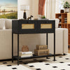 Rattan Console Table Boho Entryway Table with 2 Rattan Drawers and Open Storage Shelf-Black - Gallery View 1 of 10